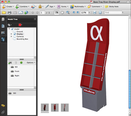 Kinetics exports as a 3D PDF for easy viewing of boxes, packaging, freestanding and point-of-purchase displays in Adobe Acrobat.