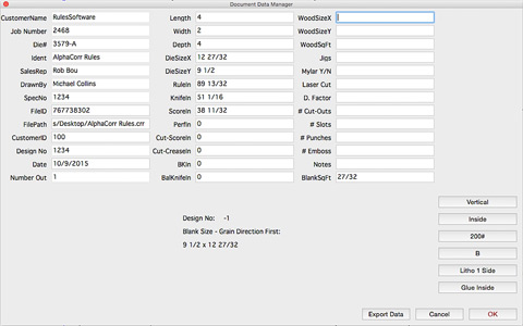 DEl gestor de datos registra material, cuchillo, información del cliente y otra información en el archivo para usarlo con el sistema operativo o el ERP/MRP personalizado.