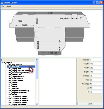 Vista previa del diseño en 2D de la biblioteca Dieline Genius 2D Desktop de los envases de tamaño variable y de mostradores en el punto de venta.