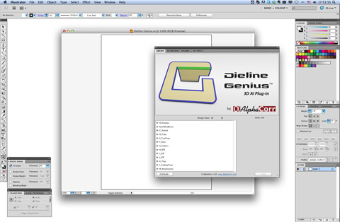 Abre la libreria de Dieline Genius con paquetes con tamaños modificables des de dentro de Adobe Illustrator.