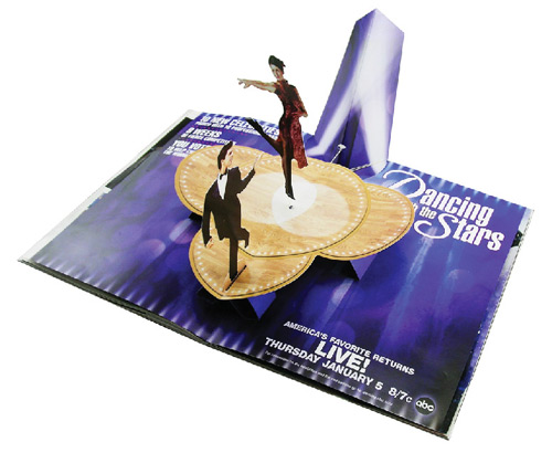 A promotional pop-up for Dancing with the Stars leaps off the page using accurate die cuts from SteelRules.