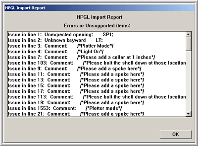 AlphaCorr Rules and SteelRules imports box-making or display HPGL files, reporting any unusual or unsupported issues in a dialog box.